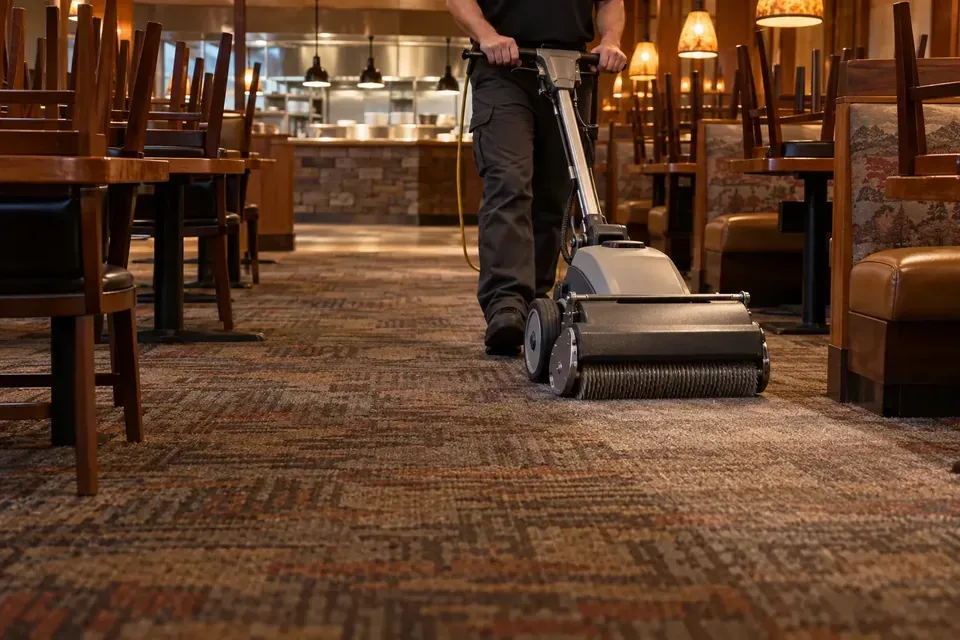 Technician cleaning carpet between restaurant tables