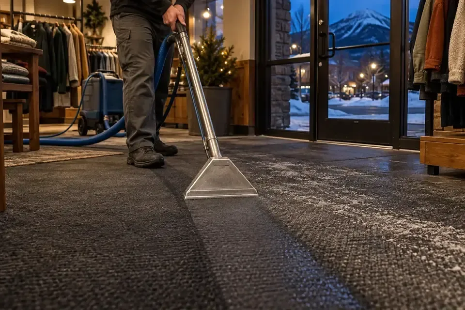 Technician cleaning carpet near a shop entrance
