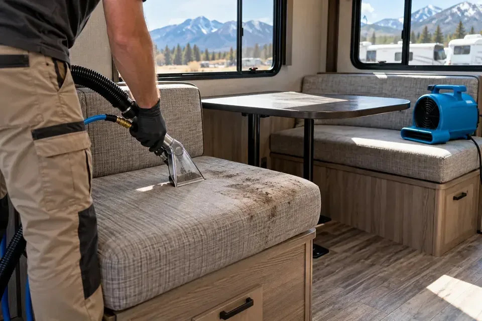 Technician cleaning a dinette cushion inside an RV