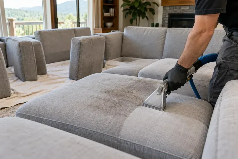Technician cleaning a sectional sofa cushion