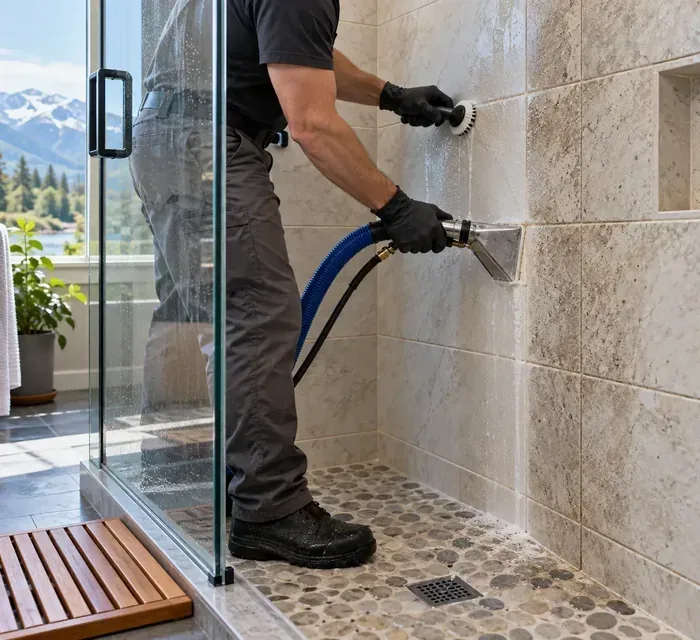 Technician cleaning shower tile with a handheld tool