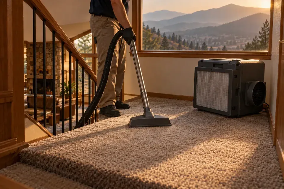 Carpet-cleaning equipment positioned beside a staircase