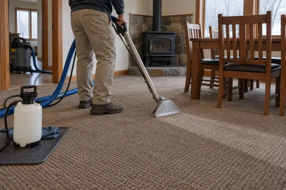 Technician cleaning carpet near a dining area