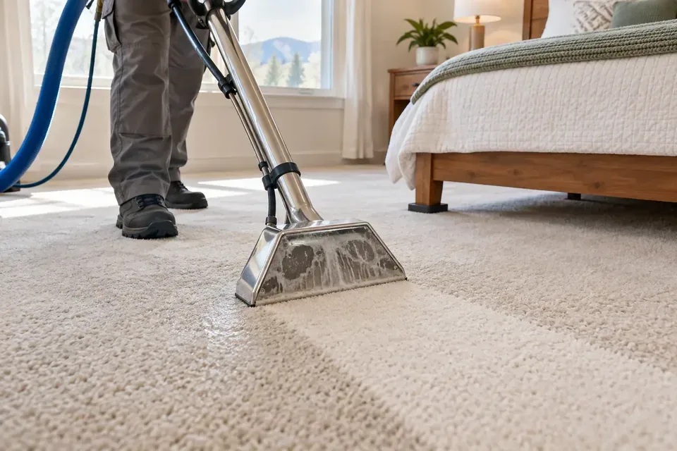 Technician using an extraction wand on bedroom carpet