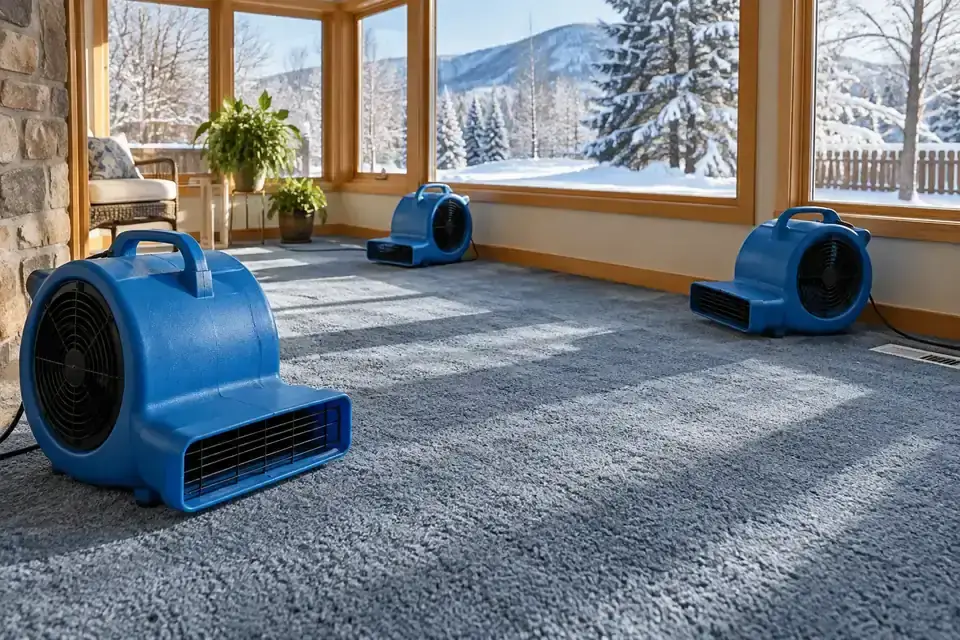 Air movers positioned on carpet beside large windows