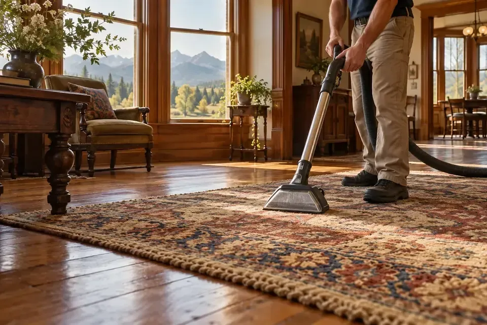 Technician cleaning a patterned rug in a sunlit room