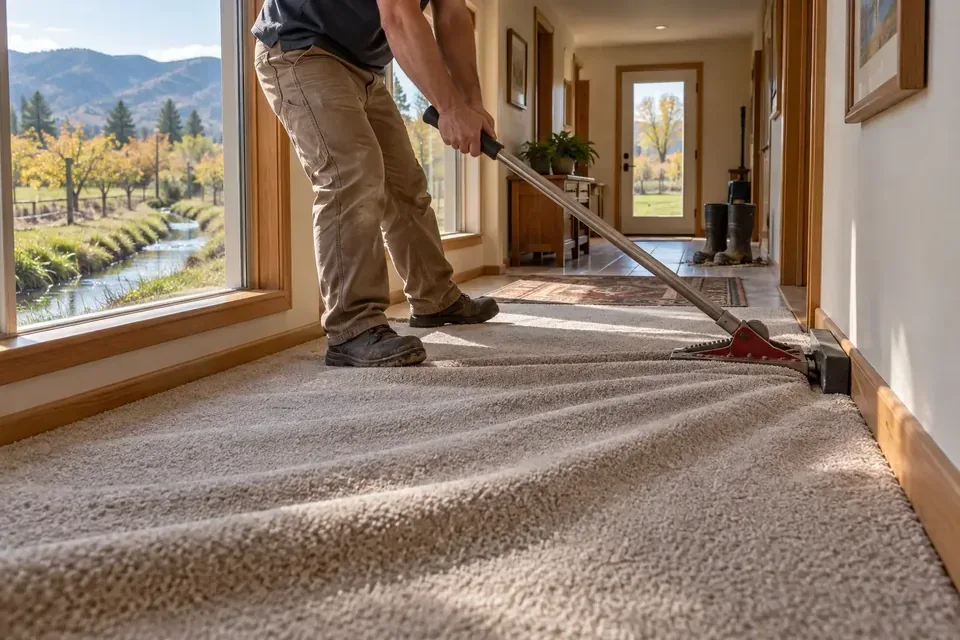 Technician stretching carpet in a living room