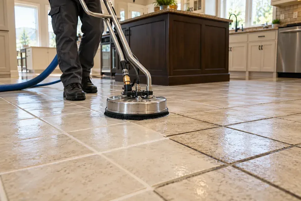 Technician using a rotary machine on an entryway tile floor