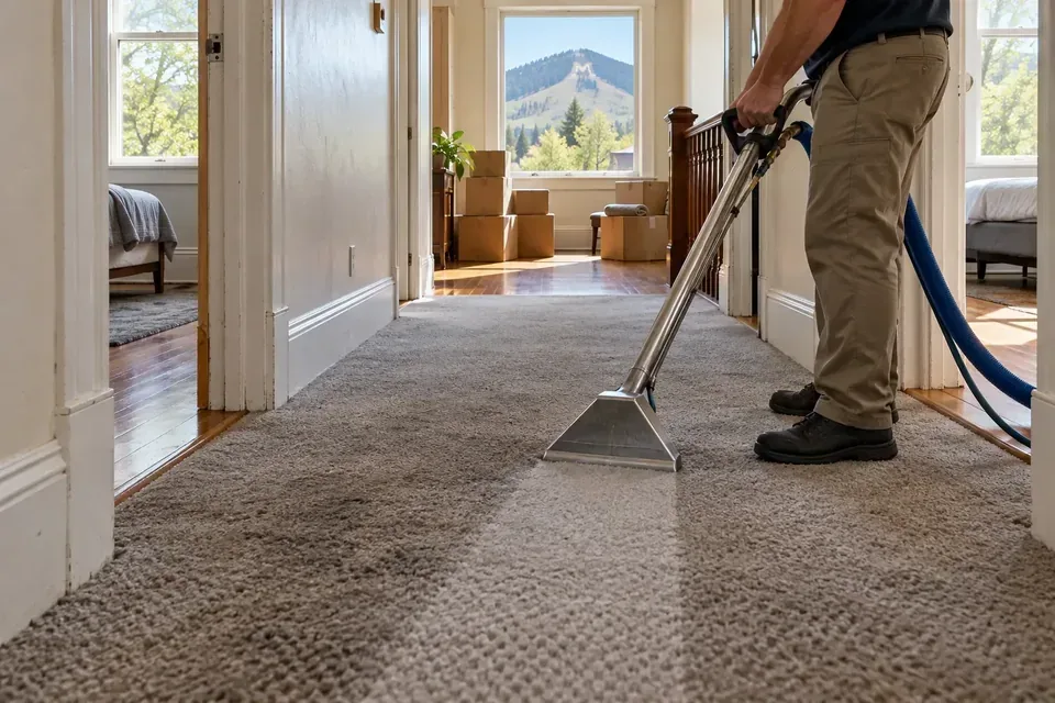 Technician cleaning carpet in an empty room
