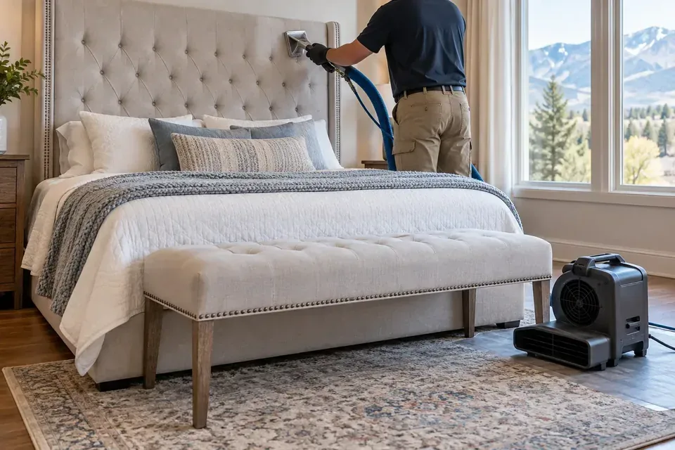 Technician cleaning a fabric headboard above a bed
