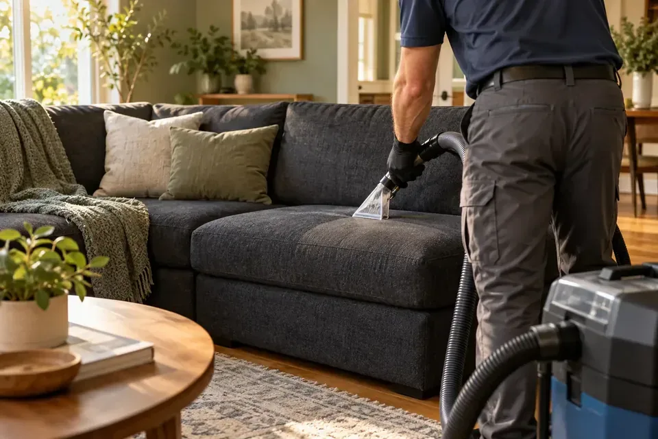 Technician cleaning the seat of a fabric sectional sofa
