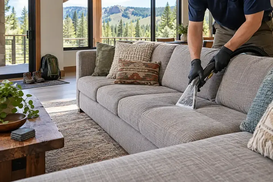 Technician cleaning a sectional sofa beside large windows