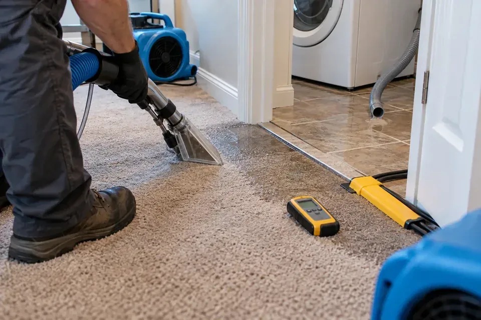 Technician inspecting a wet floor beside a washing machine