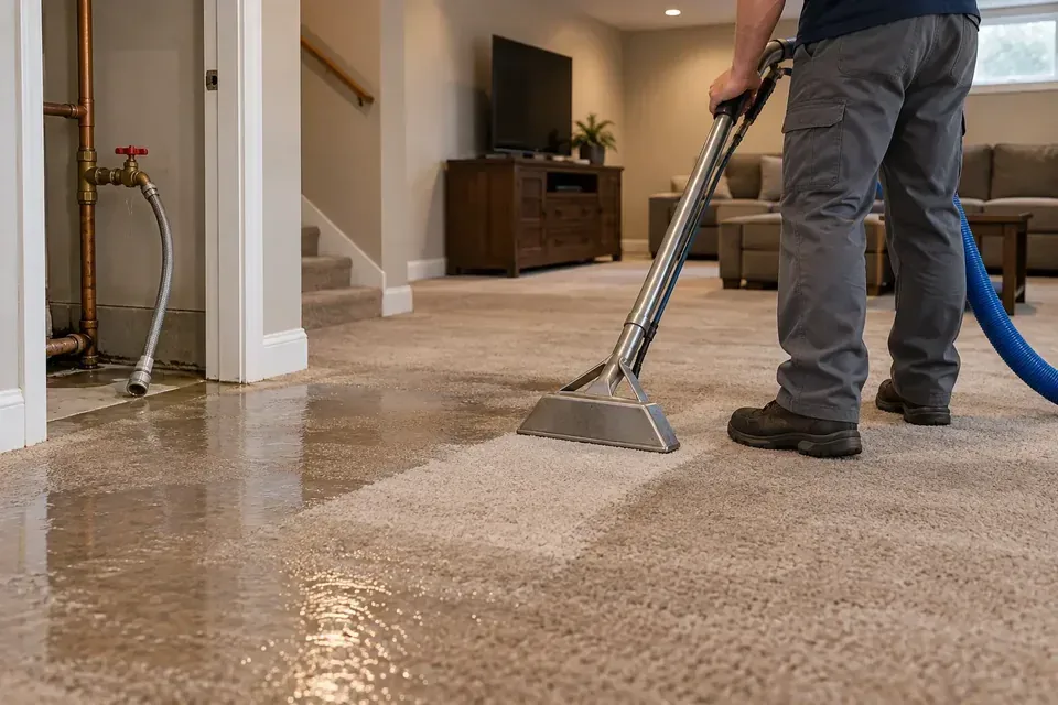Technician extracting water from carpet near a tiled floor
