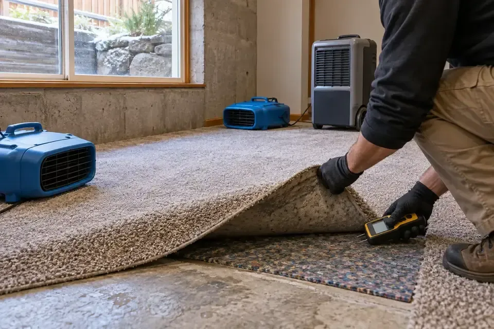 Technician lifting a carpet edge to inspect wet padding