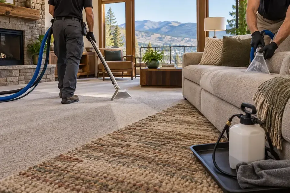Technicians cleaning carpet and sofa upholstery