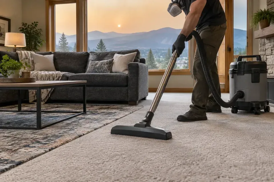 Technician vacuuming carpet near a sofa