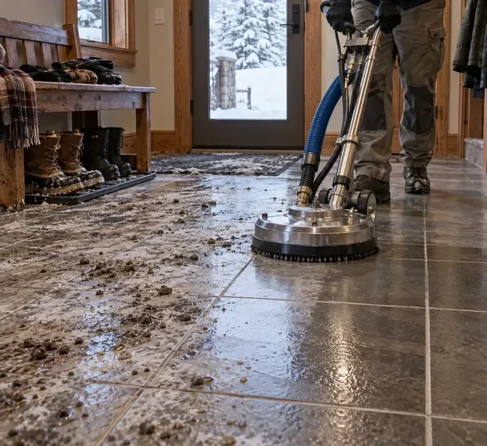 Technician using a rotary cleaner on a wet mudroom tile floor