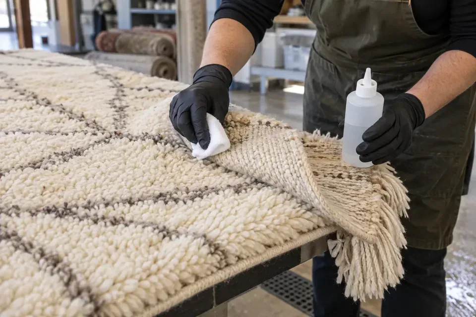 Technician testing a cleaning product on the corner of a rug