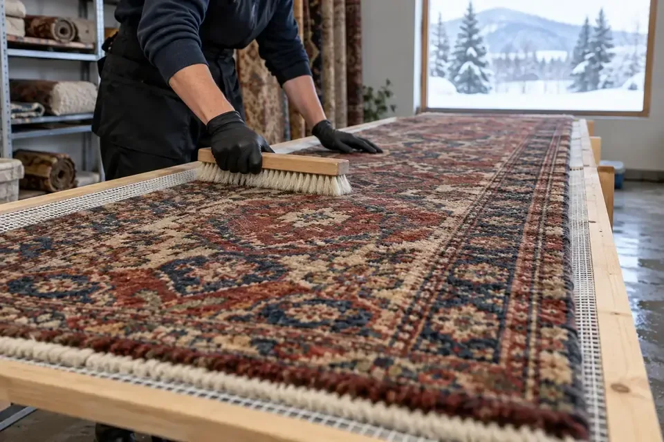 Technician inspecting a rug laid flat on a drying rack